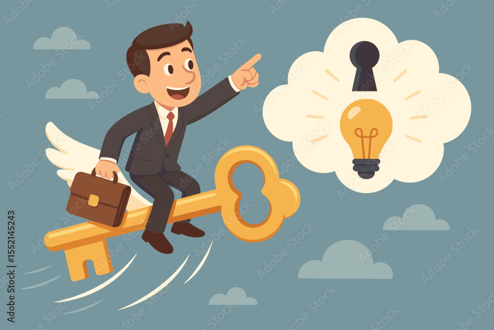 Businessman riding golden key to success. Concept of finding a solution, idea, and creativity. Entrepreneur unlocking an opportunity. Vector cartoon illustration of career growth. Businessman riding golden key to success. Concept of finding a solution, idea, and creativity. Entrepreneur unlocking an opportunity. Vector cartoon illustration of career growth.