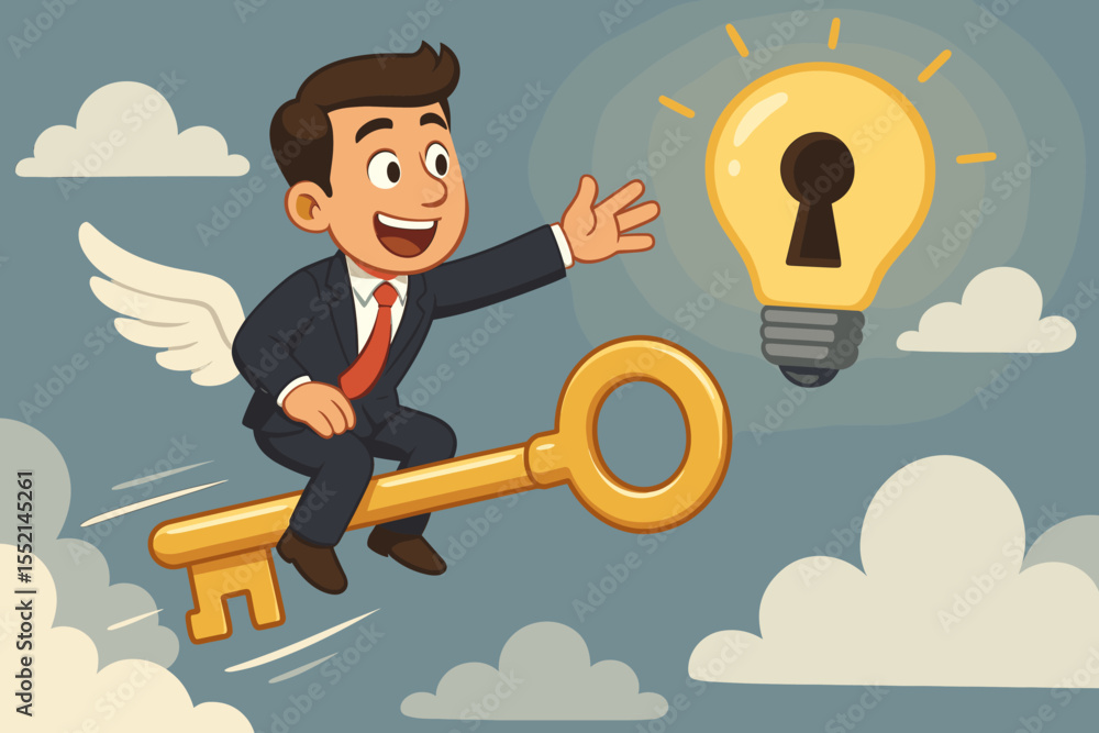 Businessman riding golden flying key to unlock a lightbulb idea. Concept of success, strategy, and finding a solution. Metaphor for creativity, opportunity, and innovation. Businessman riding golden flying key to unlock a lightbulb idea. Concept of success, strategy, and finding a solution. Metaphor for creativity, opportunity, and innovation.