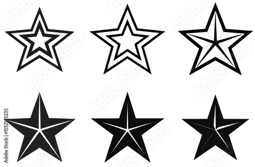 Six black and white star graphics with varied geometric designs stars icon