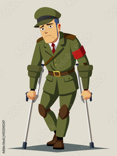 Cartoon illustration of a soldier in military uniform using crutches, showcasing resilience and determination, with a serious expression and a red armband symbolizing service and sacrifice