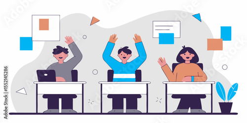 Students in classroom raising hands enthusiastically, engaging in learning activities, with colorful geometric shapes and a plant in the background, celebrating back to school excitement