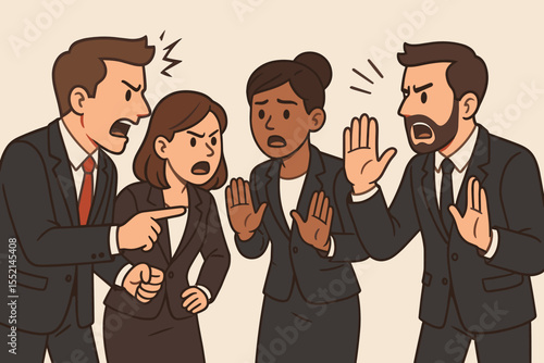 Businesspeople in Intense Argument and Workplace Conflict Resolution Concept. Group of Colleagues Disagreeing, Negotiating, Disputing, Communicating in Office. Team Communication Vector Illustration