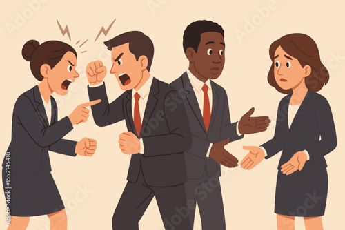 Business team arguing and resolving conflict. Office coworkers in heated debate, disagreement, discussion, communication problem, stress, teamwork solution. Vector illustration for workplace issues