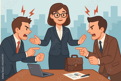Businesswoman Mediator Resolving Workplace Conflict Between Colleagues. Office Dispute Mediation, Negotiation, Compromise, Stress Management, Business Team Communication. Vector Illustration
