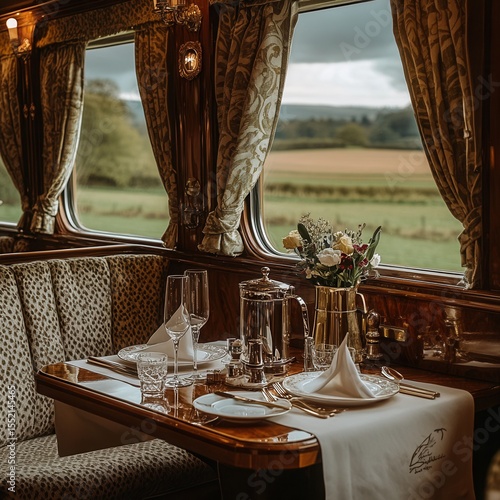 interior of vintage train dining car, elegant wood and brass, table set for two, panoramic countryside view, realistic travel atmosphere 