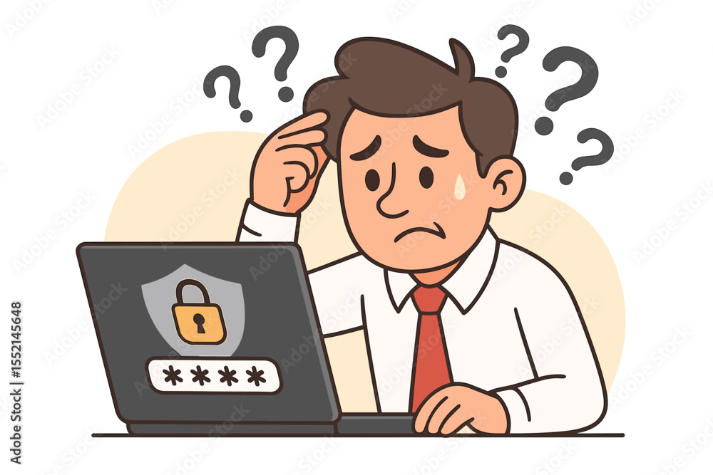 Confused businessman trying to remember password for secure account login, password protection, cybersecurity, data privacy risk, cartoon vector illustration, digital security problem, stress Confused businessman trying to remember password for secure account login, password protection, cybersecurity, data privacy risk, cartoon vector illustration, digital security problem, stress