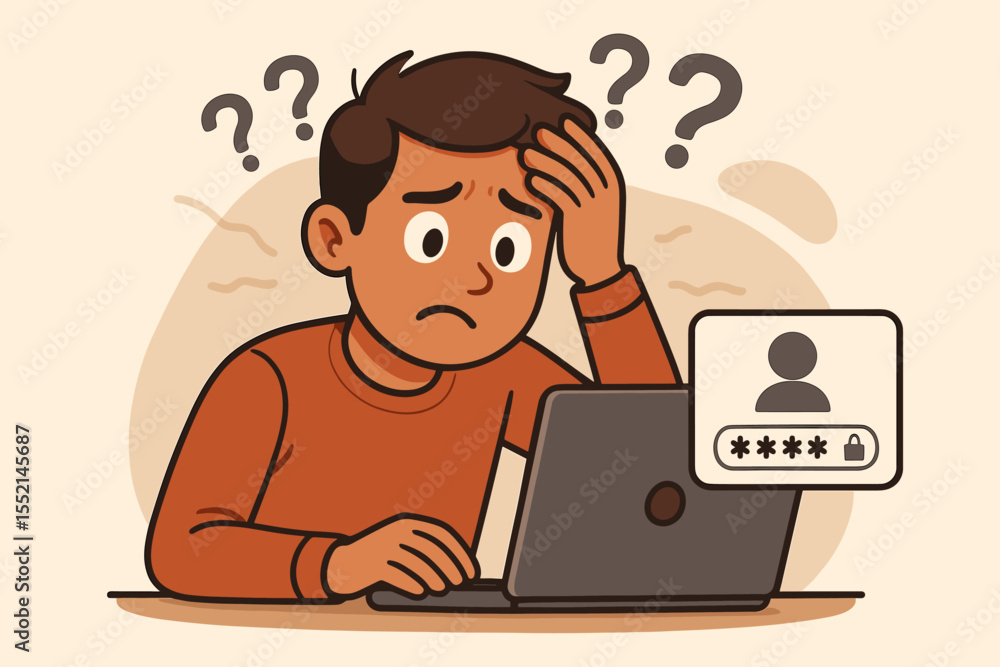 Confused man struggling to remember password, login security problem, forgotten account access, frustration at computer, cartoon illustration, cyber security, password recovery concept Confused man struggling to remember password, login security problem, forgotten account access, frustration at computer, cartoon illustration, cyber security, password recovery concept