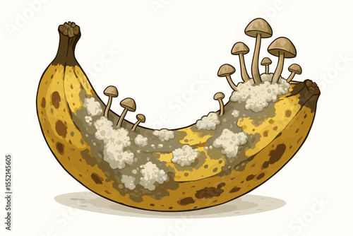 Moldy Banana with Mushrooms and Fungal Spores Growing on Skin. Rotten Fruit Decay, Decomposition Process, Food Spoilage, Overripe Yellow Banana, Isolated Vector Cartoon Illustration