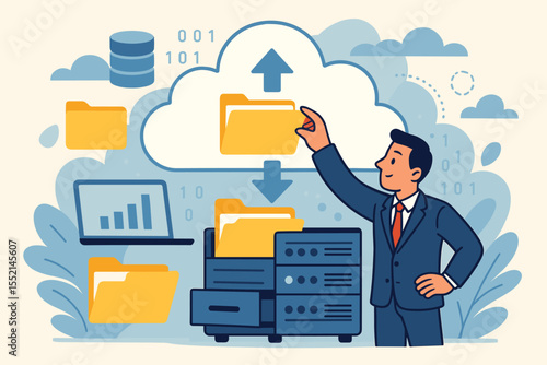 Cloud computing data storage management. Businessman managing digital files, uploading downloading folders to online server. Database network backup, cloud technology, information security concept