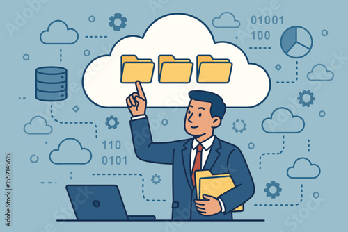 Cloud computing data storage concept, business professional managing digital files in secure online database system, network technology, cloud folders, data management workflow illustration