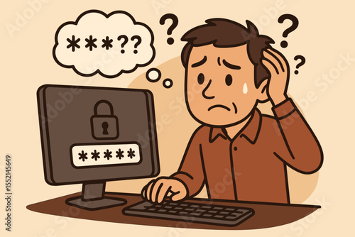 Frustrated user forgetting computer password, authentication failure, login security problem, password recovery struggle, confused cartoon man, cyber protection concept, vector illustration