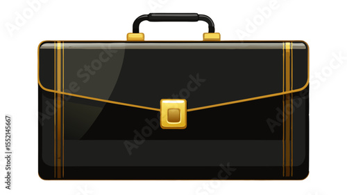 Classic black leather briefcase with shimmering gold accents sits elegantly on a pure white background. Its sharp lines and polished finish evoke timeless style and executive sophistication.