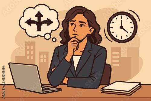 Thoughtful businesswoman decision making under time pressure, corporate office concept, multitasking workflow, leadership, choosing direction, workplace productivity, vector illustration