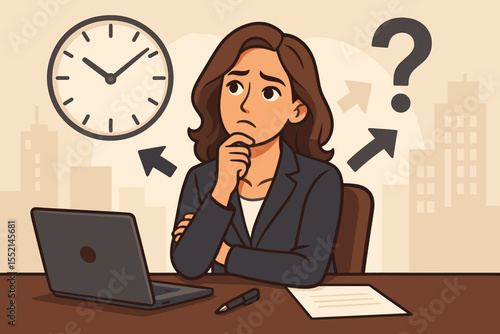 Thoughtful businesswoman at office desk making important decisions under time pressure. Concept of corporate stress, decision-making, workplace productivity, time management. Vector illustration