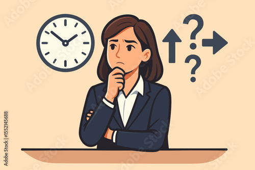 Businesswoman Decision Making Under Time Pressure. Corporate Stress, Choices, Career Path, Deadline Management. Confusion, Dilemma, Direction, Clock Symbol. Office Vector Illustration