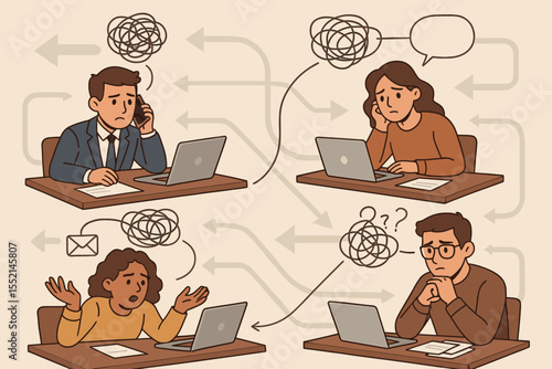 Frustrated Team Members Experiencing Miscommunication, Workplace Confusion, Ineffective Online Collaboration, Office Stress, Remote Work Challenges, Workflow Problems, Cartoon Vector Illustration