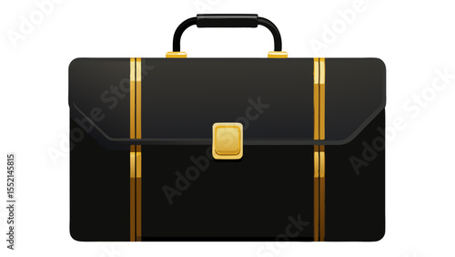 Classic black leather briefcase with shimmering gold accents sits elegantly on a pure white background. Its sharp lines and polished finish evoke timeless style and executive sophistication.