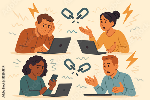 Remote team frustration, broken communication, disconnected coworkers, poor online collaboration, digital teamwork problems, workplace conflict, stressed employees, technology misunderstanding vector