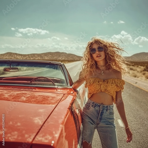 realistic young female hitchhiker standing next to retro red convertible on desert highway, wind in hair, expressive face, sunny, cinematic travel vibes 