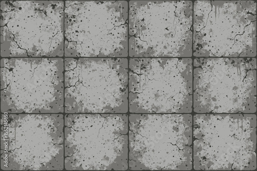 Grunge Urban Concrete Tile Wall Texture Vector. Distressed Cracked Cement Surface Seamless Pattern. Industrial Grimy Block Background. Aged Masonry Design for Game, Architecture, Construction Projects