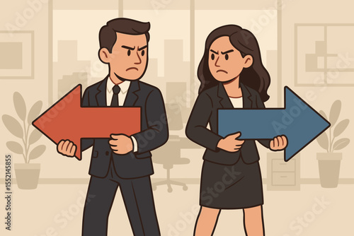 Business strategy conflict, contrasting decisions, teamwork dilemma, businessman and businesswoman holding opposing arrows, corporate office environment, team disagreement, decision making concept