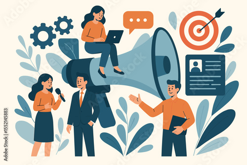 Strategic Public Relations Illustration. Teamwork, Communication, Stakeholder Engagement. Megaphone, Interview, Target, Networking, Media Relations, Business Collaboration. Modern Vector Concept Art