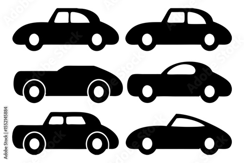 Automotive Icons: A striking collection of sleek automotive icons, presenting diverse car models in bold black silhouettes, ideal for design and automotive themes.