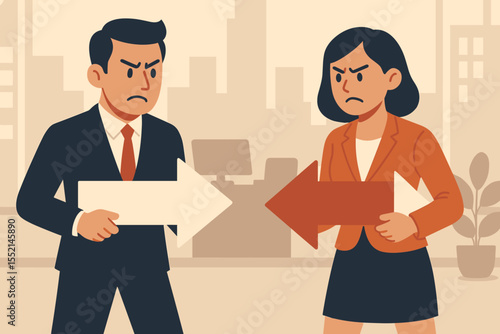 Business Conflict Concept, Divergent Strategies, Contrasting Decisions, Male and Female Executives Holding Opposing Arrows, Team Disagreement in Modern Corporate Office, Vector Illustration