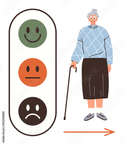 Elderly woman standing with a walking cane evaluates happy feedback scale indicating satisfaction. Ideal for healthcare, aging, emotions, surveys, decisions, feedback, usability. Simple flat metaphor