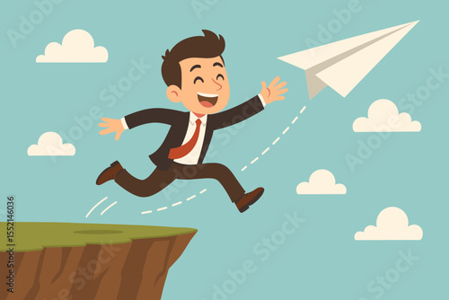 Ambitious Businessman Jumping Off Cliff Following Paper Airplane, Symbolizing Risk Taking, Innovation, New Business Venture, Success, Career Leap, Opportunity, Growth, Motivation Concept