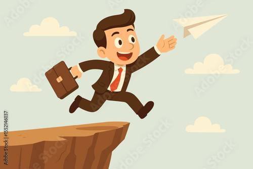 Ambitious Businessman Leaping Off Cliff Chasing Paper Airplane, Concept of Risk Taking, Startup Launch, Visionary Leadership, Opportunity, Courage, Bold Business Decisions, Cartoon Vector