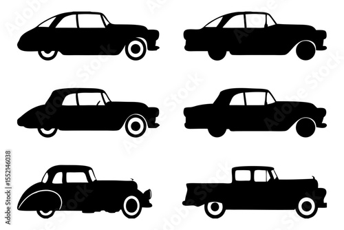 Classic Car Silhouettes: Elegant black silhouettes of classic cars, evoke a sense of nostalgia and timeless design against a clean backdrop, celebrating the artistry of automotive history.