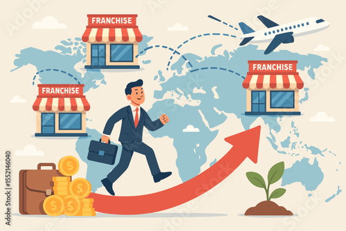 International Franchise Expansion Business Growth Concept. Cartoon Businessman with Briefcase, Profitable Franchise Opportunities, Global Market Strategy, Investment Success, World Map, Airline, Coins