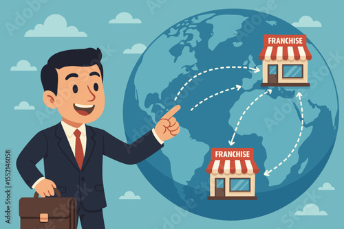 Global franchise expansion business concept. Cartoon businessman with suitcase pointing at world map with franchise locations. International growth opportunities, strategy, network, market entry