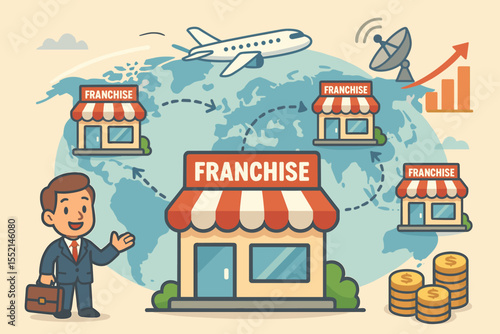 International Franchise Expansion Concept. Global Business Growth Opportunities. Cartoon Vector Illustration of Franchise Stores Network, Investment, Management, Strategy, Worldwide Market Development