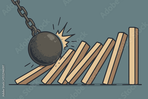 Wrecking Ball Impacting Falling Dominoes Vector. Metaphor for Business Crisis, Instability, Financial Risk, Collapse, Failure, Uncertainty. Cartoon Concept of Disruption, Chain Reaction, Danger