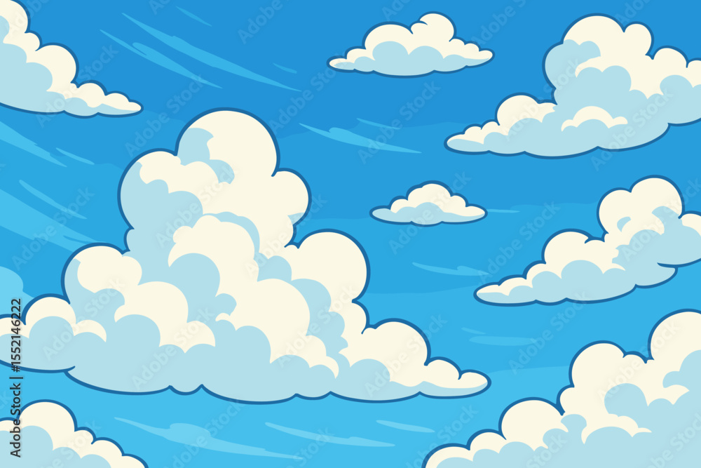 Cartoon cumulus clouds floating in bright blue summer sky. Peaceful serene background. Fluffy white clouds drifting, tranquil atmosphere, sunny day, clear weather, vector illustration Cartoon cumulus clouds floating in bright blue summer sky. Peaceful serene background. Fluffy white clouds drifting, tranquil atmosphere, sunny day, clear weather, vector illustration