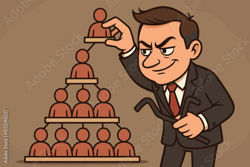 Corrupt businessman builds fraudulent multilevel marketing MLM pyramid scheme structure. Manipulation, deception, scam, illegal network, hierarchy, financial fraud vector cartoon illustration concept