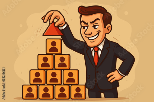 Cartoon businessman assembling pyramid scheme structure. Multi-level marketing fraud concept. Deceptive business strategy. MLM hierarchy, scam, manipulation, financial risk. Vector illustration.
