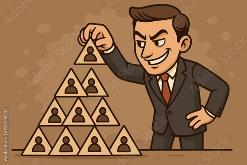 Businessman Building Multi-Level Marketing Pyramid Scheme Concept. Vector Cartoon. Hierarchical Business Structure, Fraud, Deception, Recruitment, Ponzi Scam, Leadership Manipulation, Risk Alert