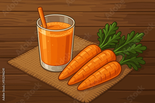 Fresh Carrot Juice in Glass with Straw and Whole Carrots on Burlap Mat, Wooden Table Background, Healthy Organic Vegetable Drink, Colorful Cartoon Vector Illustration, No Text Included