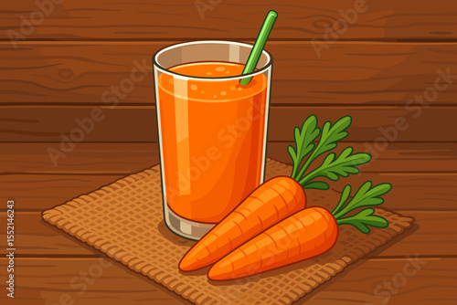 Fresh carrot juice in glass with straw and whole carrots on burlap mat, rustic wooden background, healthy organic vegetable drink, vitamin-rich beverage vector cartoon illustration