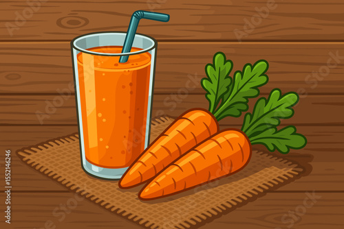 Fresh carrot juice in glass with straw on burlap mat, whole carrots with green leaves, wooden table background. Healthy vegetable drink, organic food, farm produce, cartoon vector illustration