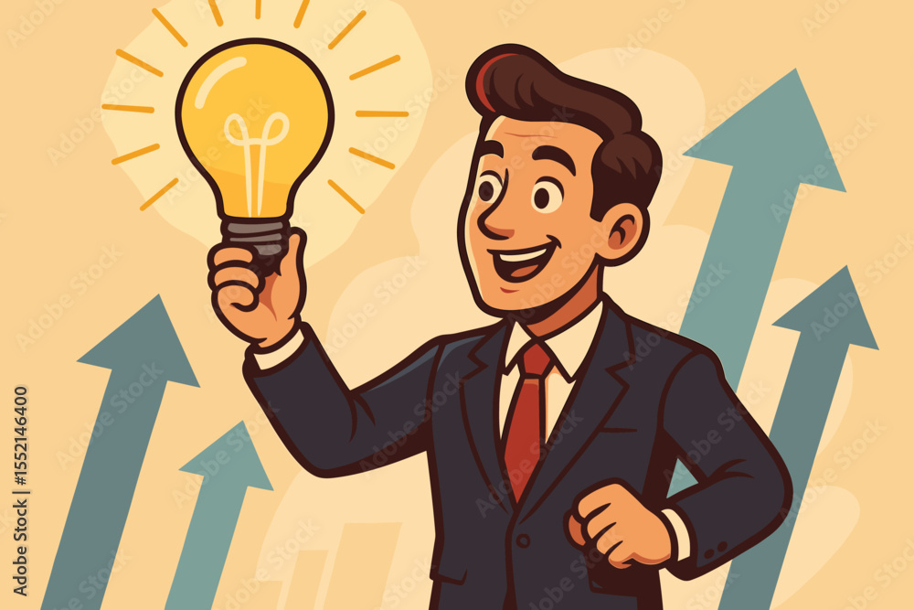 Visionary Business Leader Holding Light Bulb Idea Symbol, Arrow Growth Concept, Innovation Success, Creative Solution, Entrepreneur Cartoon, Motivation for Progress, Vector Illustration Visionary Business Leader Holding Light Bulb Idea Symbol, Arrow Growth Concept, Innovation Success, Creative Solution, Entrepreneur Cartoon, Motivation for Progress, Vector Illustration