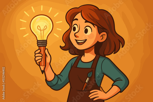 Creative artist woman holding glowing light bulb pencil, inspiration and innovation concept, female illustrator in apron with paintbrush, cartoon vector, bright idea, creativity, art thinking