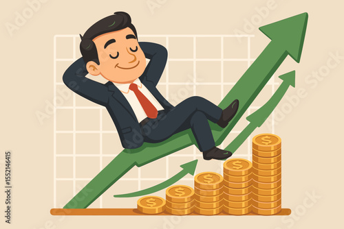 Successful investor relaxing on rising profit chart, business growth concept, financial freedom, passive income, wealth accumulation, stock market gains, cartoon vector illustration
