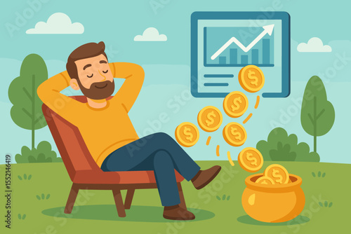 Passive Income Investor Relaxing Outdoors Earning Money from Stocks and Shares, Financial Growth, Wealth, Cash Flow, Investment Success, Financial Freedom, Cartoon Vector Illustration