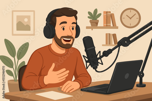 Podcast host recording show at home studio, male cartoon character with headphones, professional microphone, laptop, creative workspace, communication, social media content creation