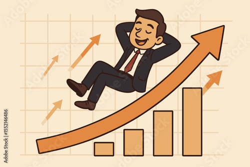 Businessman Relaxing on Upward Profit Growth Chart, Success Investment Concept, Financial Achievement, Profitable Returns, Stock Market Increase, Revenue Boost, Cartoon Vector Illustration