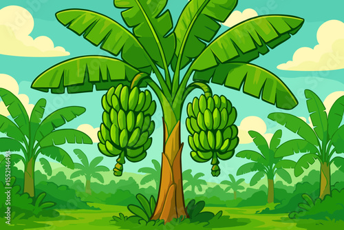 Vibrant cartoon banana tree with large clusters of unripe green bananas, lush tropical plantation landscape, broad leaves, exotic agriculture, summer jungle scene vector illustration